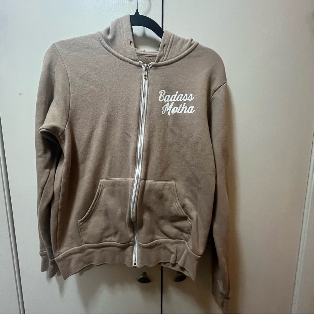 Tan and White Zip-Up ‘Badass Motha’ Hoodie Jacket